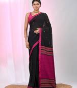 Elegant black cotton saree with pink and yellow diamond motifs