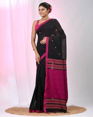 Elegant black cotton saree with pink and yellow diamond motifs 2