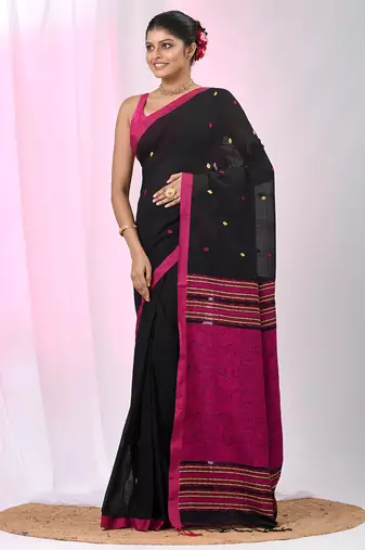Elegant black cotton saree with pink and yellow diamond motifs