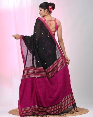Elegant black cotton saree with pink and yellow diamond motifs 3