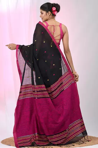 Elegant black cotton saree with pink and yellow diamond motifs