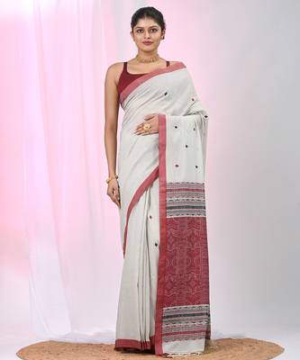 Elegant ecru cotton saree with red and green diamond motifs 1