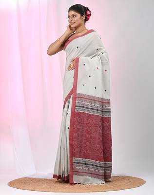 Elegant ecru cotton saree with red and green diamond motifs 2