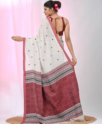 Elegant ecru cotton saree with red and green diamond motifs 3