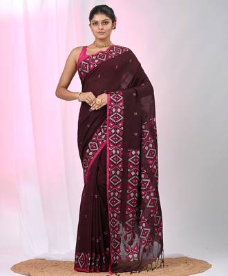 Elegant maroon cotton saree with geometric floral borders 1