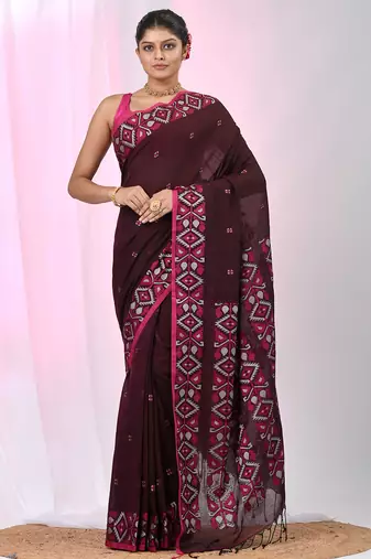 Elegant maroon cotton saree with geometric floral borders