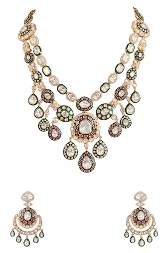 Gold plated multicolor stone layered necklace set
