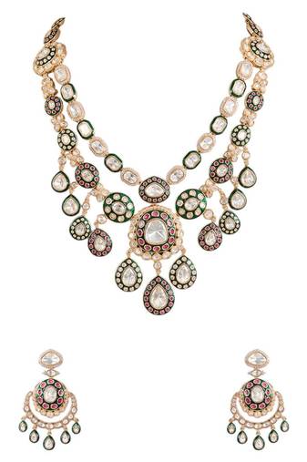 Gold plated multicolor stone layered necklace set