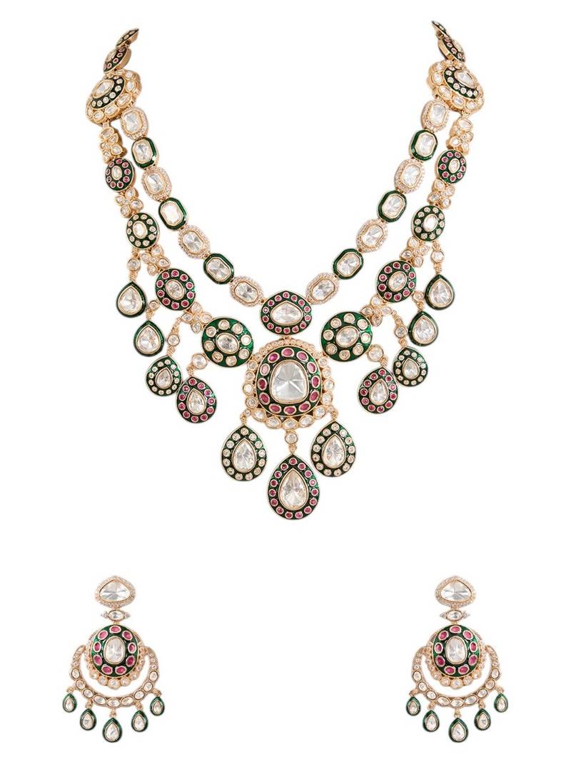 Gold plated multicolor stone layered necklace set