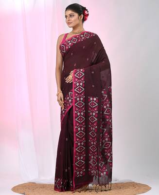 Elegant maroon cotton saree with geometric floral borders 2