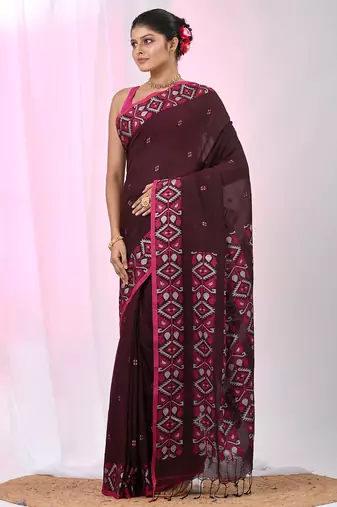 Elegant maroon cotton saree with geometric floral borders