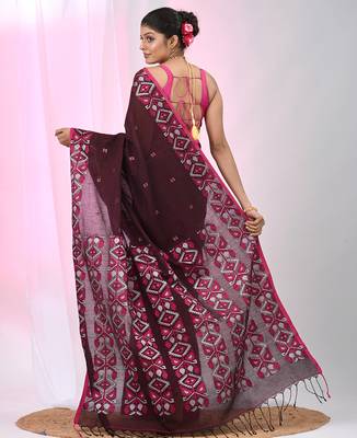 Elegant maroon cotton saree with geometric floral borders 3