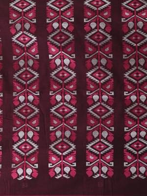 Elegant maroon cotton saree with geometric floral borders 4