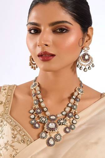 Gold plated multicolor stone layered necklace set
