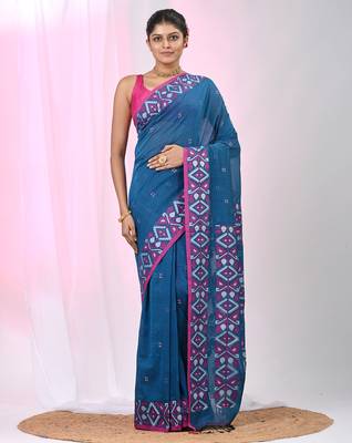 Elegant sapphire blue cotton saree with geometric floral borders 1