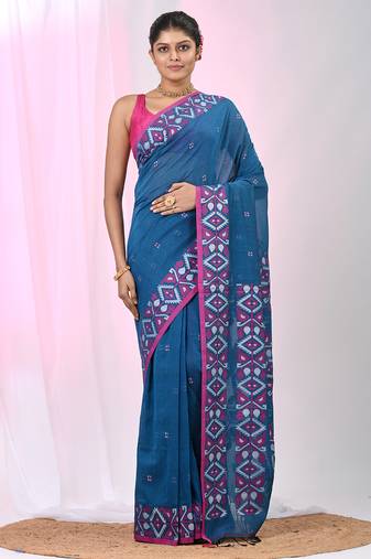 Elegant sapphire blue cotton saree with geometric floral borders