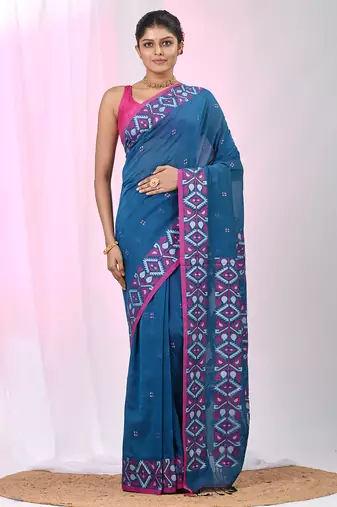 Elegant sapphire blue cotton saree with geometric floral borders