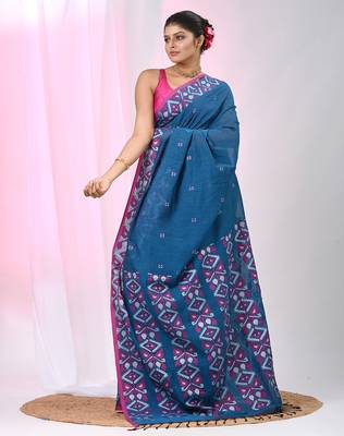 Elegant sapphire blue cotton saree with geometric floral borders 2