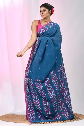 Elegant sapphire blue cotton saree with geometric floral borders