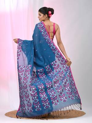 Elegant sapphire blue cotton saree with geometric floral borders 3