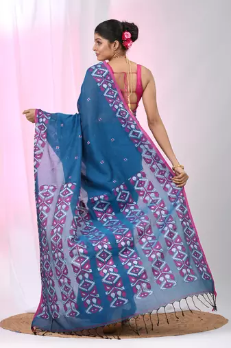 Elegant sapphire blue cotton saree with geometric floral borders