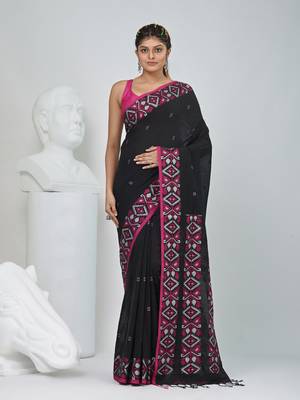 Elegant black cotton saree with geometric floral borders 1
