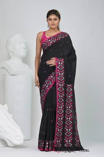 Elegant black cotton saree with geometric floral borders