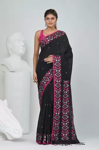 Elegant black cotton saree with geometric floral borders