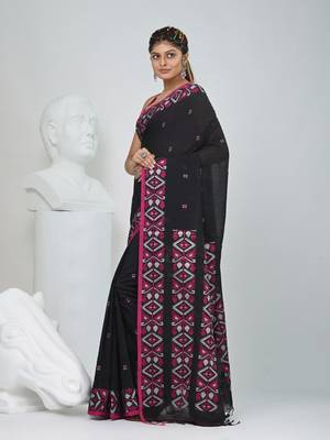 Elegant black cotton saree with geometric floral borders 2