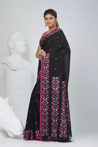 Elegant black cotton saree with geometric floral borders