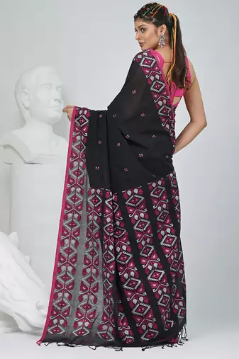 Elegant black cotton saree with geometric floral borders