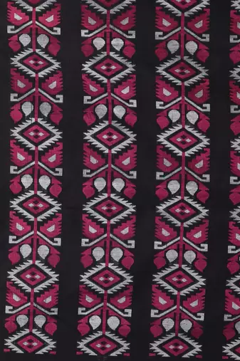 Elegant black cotton saree with geometric floral borders