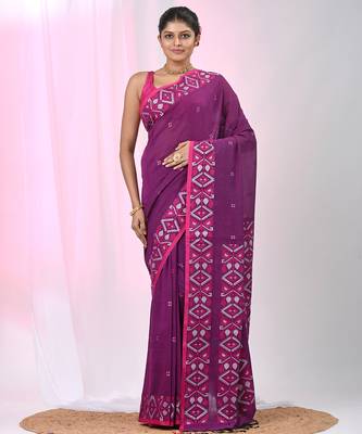 Elegant purple cotton saree with geometric floral borders 1