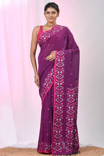 Elegant purple cotton saree with geometric floral borders