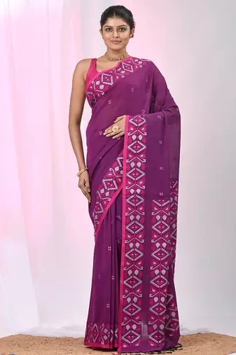 Elegant purple cotton saree with geometric floral borders