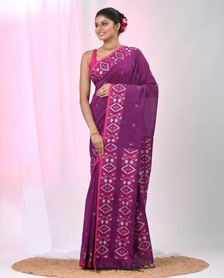 Elegant purple cotton saree with geometric floral borders 2