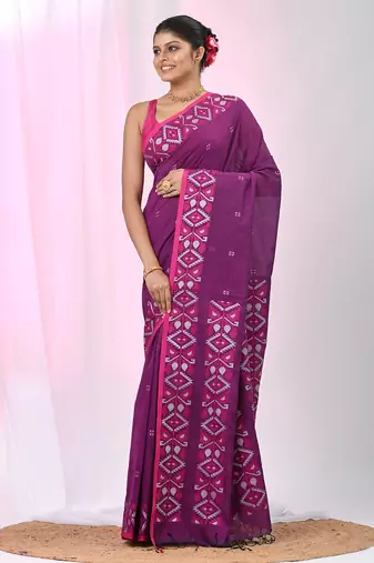 Elegant purple cotton saree with geometric floral borders