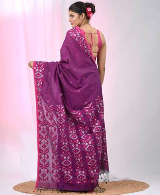 Elegant purple cotton saree with geometric floral borders 3
