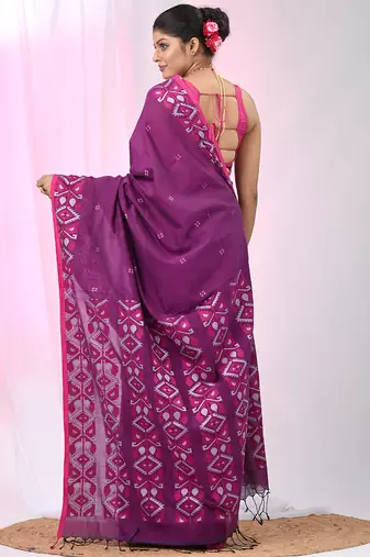 Elegant purple cotton saree with geometric floral borders