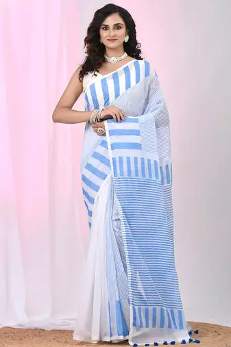 Elegant white and sky blue striped cotton handspun saree with pom pom border