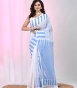 Elegant white and sky blue striped cotton handspun saree with pom pom border