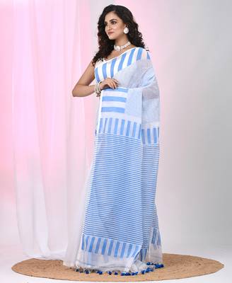 Elegant white and sky blue striped cotton handspun saree with pom pom border 2