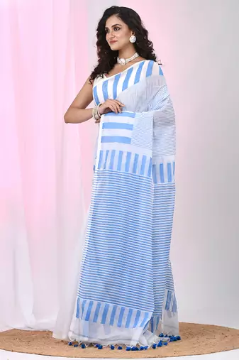 Elegant white and sky blue striped cotton handspun saree with pom pom border