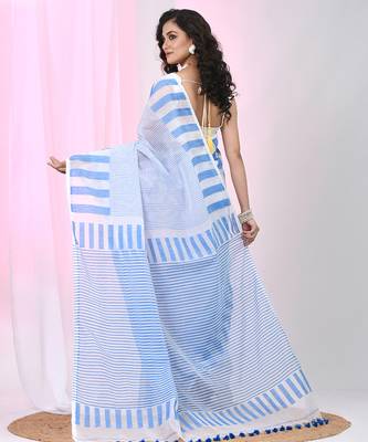 Elegant white and sky blue striped cotton handspun saree with pom pom border 3