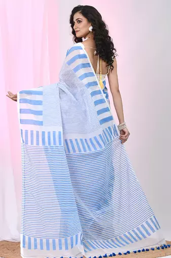 Elegant white and sky blue striped cotton handspun saree with pom pom border