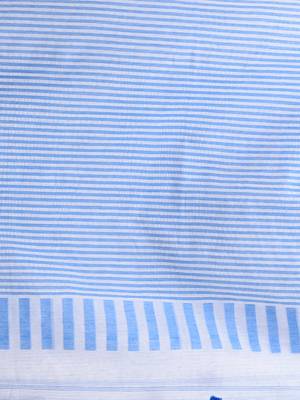 Elegant white and sky blue striped cotton handspun saree with pom pom border 4