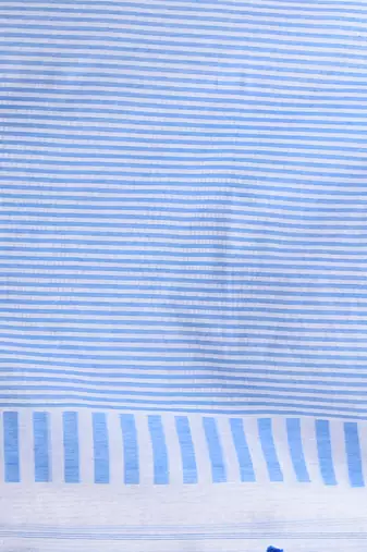 Elegant white and sky blue striped cotton handspun saree with pom pom border