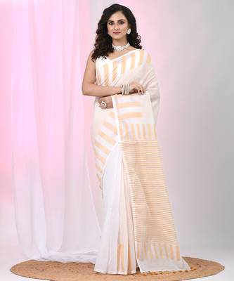 Elegant white and beige striped cotton handspun saree with pom pom border 1