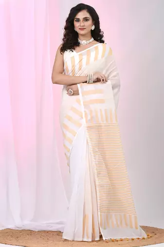 Elegant white and beige striped cotton handspun saree with pom pom border