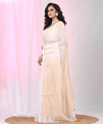 Elegant white and beige striped cotton handspun saree with pom pom border 2